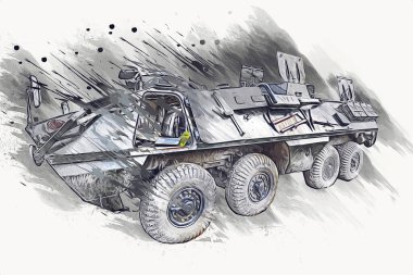 Eski zırhlı personel taşıyıcı, illüstrasyon, çizim, eskiz, vintage, resim, antika, retro
