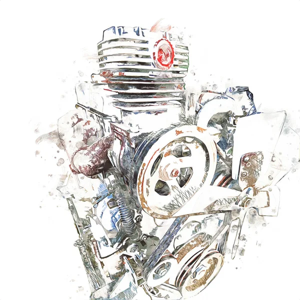 Część Silnika Motocykla Stole Warsztacie Ilustracja Rysunek Szkic Vintage Sztuka — Zdjęcie stockowe