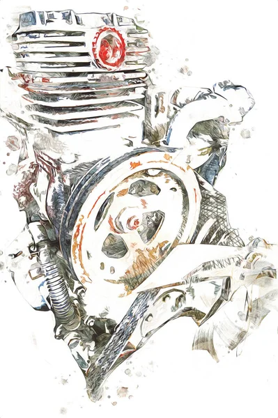 Część Silnika Motocykla Stole Warsztacie Ilustracja Rysunek Szkic Vintage Sztuka — Zdjęcie stockowe