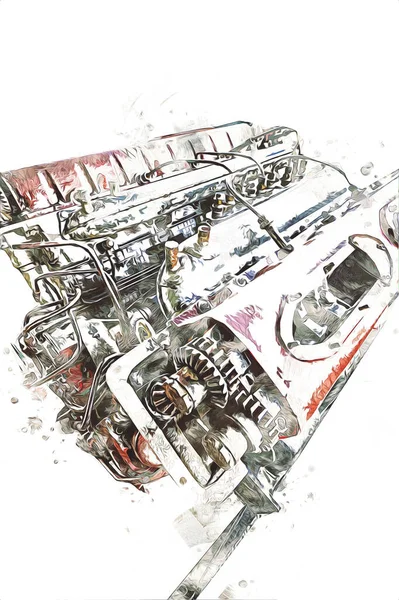 Parte Del Motor Motocicleta Una Mesa Taller Ilustración Dibujo Boceto —  Fotos de Stock