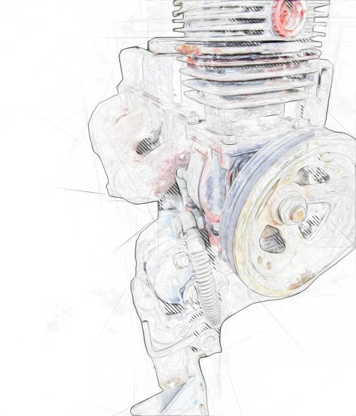Část Motocyklového Motoru Stole Dílně Ilustrace Kresba Skica Vintage Umění — Stock fotografie