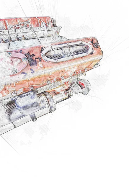 Частина Мотоциклетного Двигуна Столі Майстерні Ілюстрація Малюнок Ескіз Вінтаж Мистецтво — стокове фото