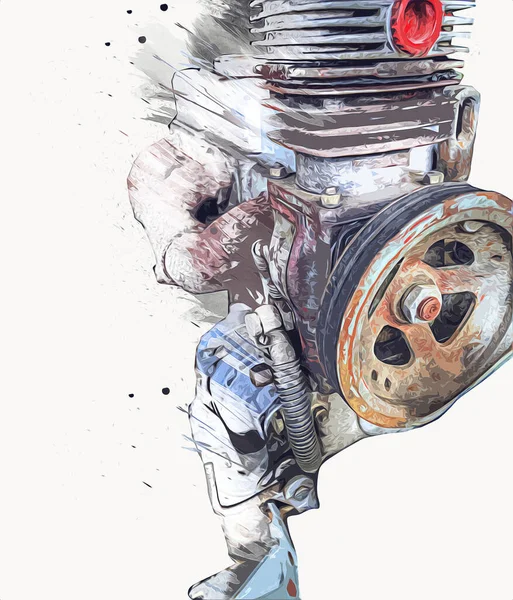 ワークショップ イラスト スケッチ ヴィンテージ アート ヴィンテージ アンティーク レトロのテーブル上のオートバイのエンジンの一部 — ストック写真