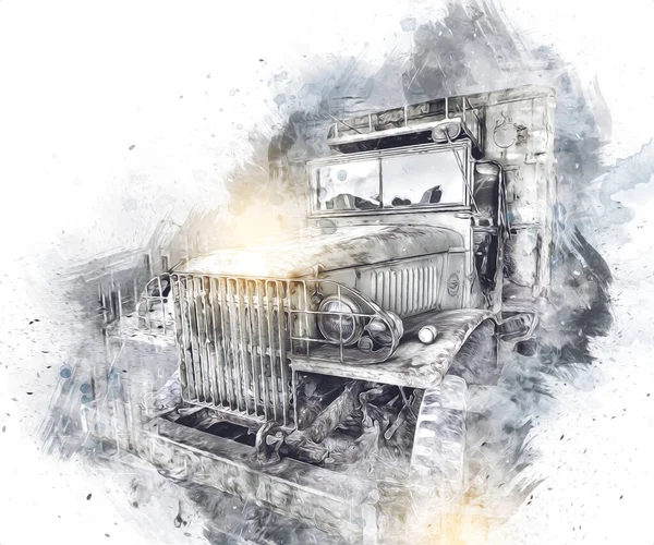 Vintage Commer Fire Engine Vrachtwagen Geparkeerd Weg Illustratie Tekening Schets — Stockfoto