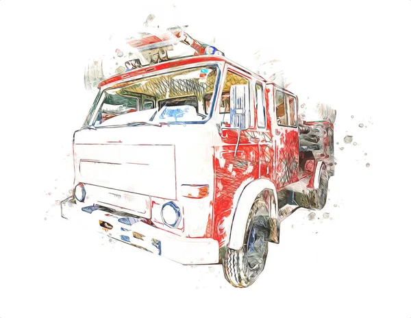 Vintage Commer Fire Engine Camion Garé Dans Route Illustration Dessin — Photo