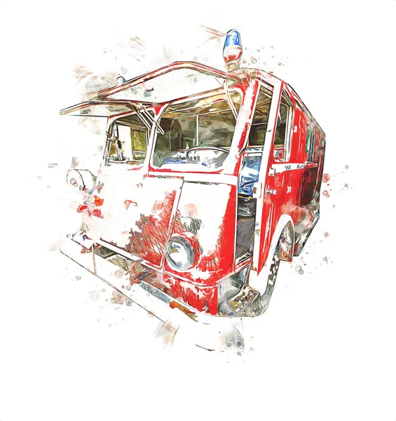 Oldtimer Commer Feuerwehrauto Lkw Straße Geparkt Illustration Zeichnung Skizze Jahrgang — Stockfoto