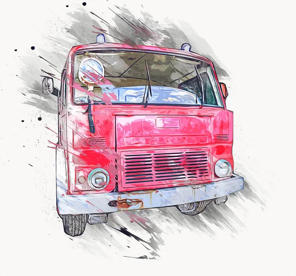 Vintage Commer Fire Engine Camion Parcheggiato Strada Illustrazione Disegno Schizzo — Foto Stock