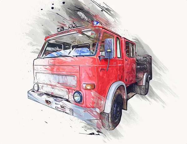Vintage Commer Fire Engine Camion Garé Dans Route Illustration Dessin — Photo