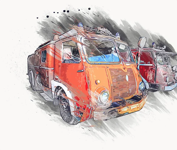 Vintage Commer Fire Engine - Truck parked in road, illustration, drawing, sketch, vintage, art, painting, vintage, antique, retro