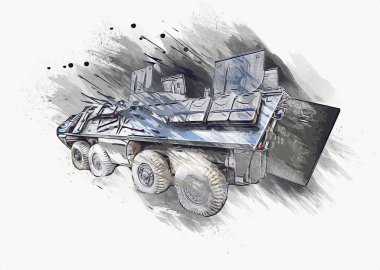 Eski zırhlı personel taşıyıcı, illüstrasyon, çizim, eskiz, vintage, resim, antika, retro