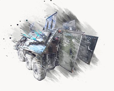 Eski zırhlı personel taşıyıcı, illüstrasyon, çizim, eskiz, vintage, resim, antika, retro