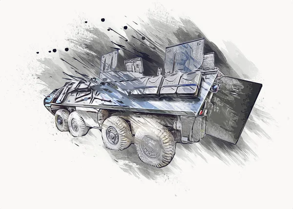 Eski zırhlı personel taşıyıcı, illüstrasyon, çizim, eskiz, vintage, resim, antika, retro