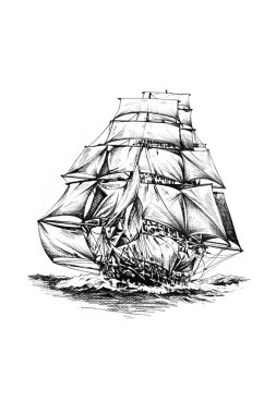 antika tekne deniz güdü çizim el yapımı