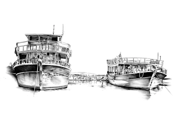 Αντίκες βάρκα στη θάλασσα κίνητρο σχέδιο χειροποίητα — Φωτογραφία Αρχείου
