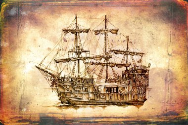 antika tekne deniz güdü çizim el yapımı