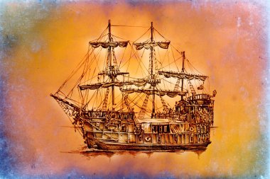 antika tekne deniz güdü çizim el yapımı