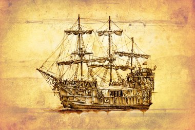 antika tekne deniz güdü çizim el yapımı