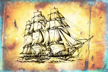 antika tekne deniz güdü çizim el yapımı