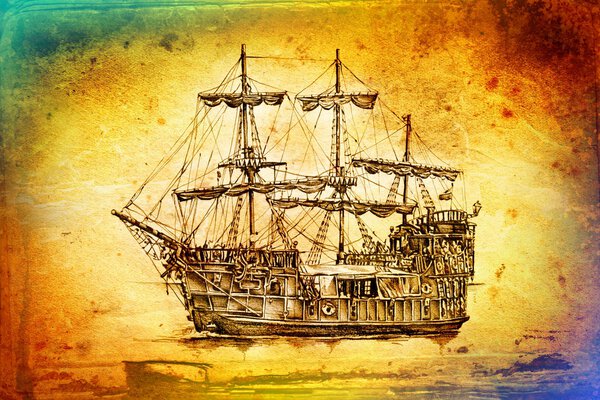 Ручной рисунок мотива старинной лодки
