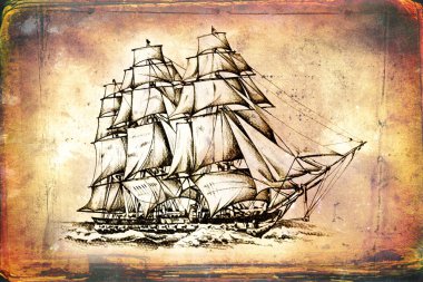 antika tekne deniz güdü çizim el yapımı