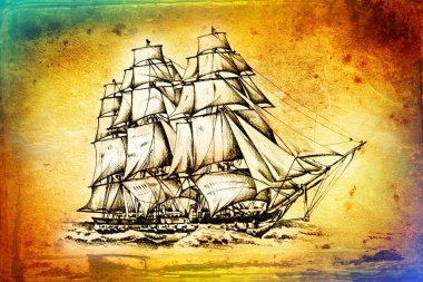 antika tekne deniz güdü çizim el yapımı