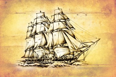 antika tekne deniz güdü çizim el yapımı