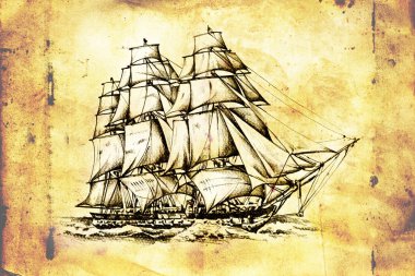 antika tekne deniz güdü çizim el yapımı