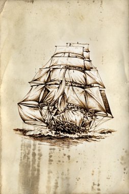 antika tekne deniz güdü çizim el yapımı
