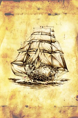 antika tekne deniz güdü çizim el yapımı