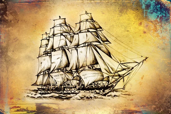 antika tekne deniz güdü çizim el yapımı