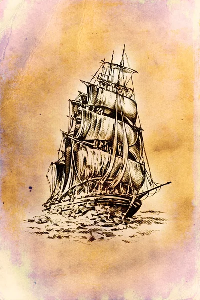 Antique boat sea motive drawing handmade — Stock Photo, Image