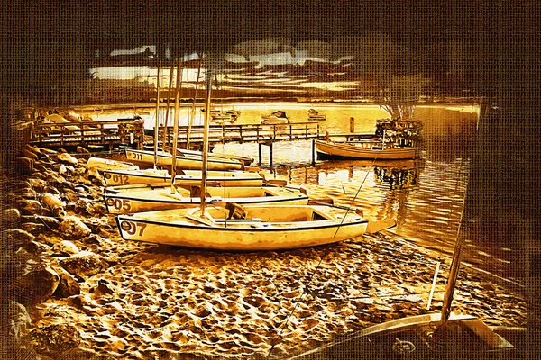 Malerei von Meer und Booten — Stockfoto