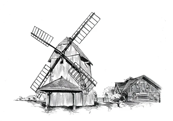 Windmill sketch, art illustration — Stok fotoğraf