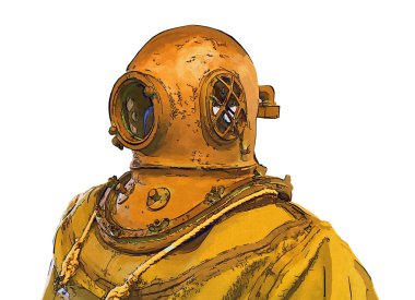 Eski dalgıç kask ve sualtı illüstrasyon