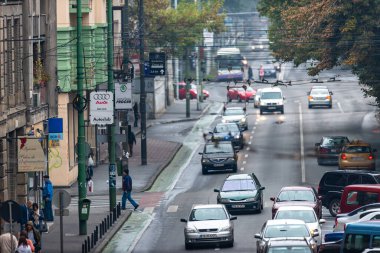 Timisoara, Romanya - 13 Ekim 2012: Arabalı ve kaldırımlı bir sokak manzarası