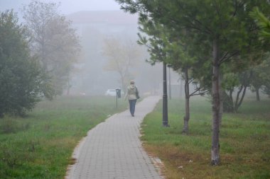 Timisoara, Romanya - 25 Ekim 2012: Parkta yürüyen kadın. Gerçek insanlar..