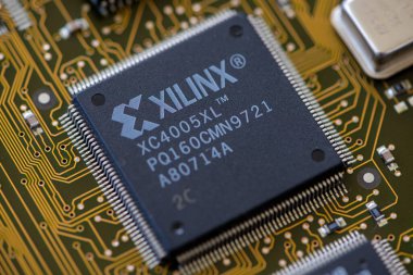 Timisoara, Romania - May 25, 2020: Close-up of a Xilinx . XC4005XL FPGA integrated circuit. Electronic components