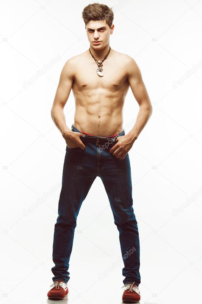 Male Beauty Blue Jeans Concept Handsome Male Model In Jeans Stock Photo C Avgustino