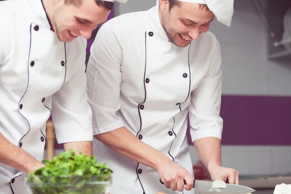 Cooking process concept. Portrait of two laughing working men — Stock Photo, Image