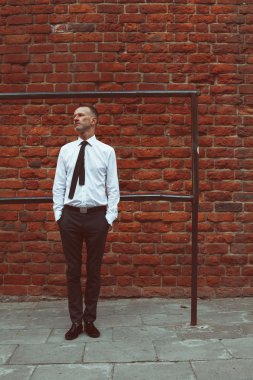 Smart casual yakışıklı olgun adam sırtını duvara karşı ayakta