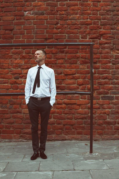 Smart casual przystojny dojrzały mężczyzna stojąc plecami mur z cegły — Zdjęcie stockowe