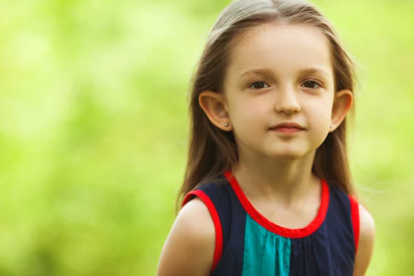 Retrato de niña divertida y dulce al aire libre con el pelo castaño largo —  Fotos de Stock