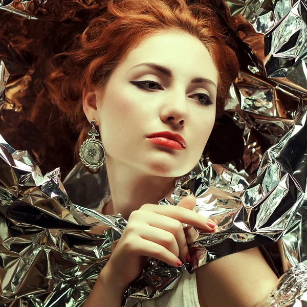 Arty portrait of sad fashionable queen-like red-haired (ginger) — Stock Photo, Image