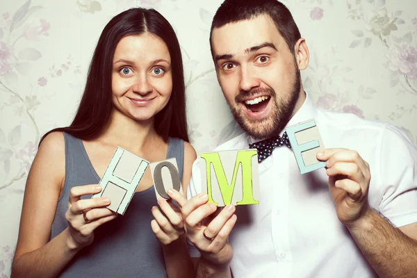 Happy together concept. Portrait of funny hipsters in stylish cl — Stock Photo, Image