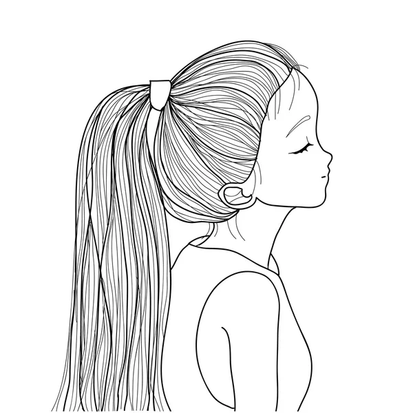 马尾辫手绘可爱的小女孩 — 图库矢量图片
