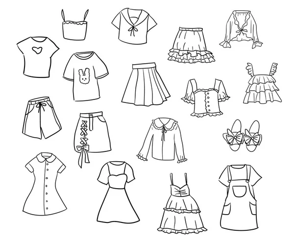 Set of black and white hand-drawn doodle style young girl clothes — Stock Vector