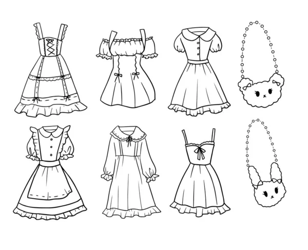Conjunto de blanco y negro dibujado a mano doodle estilo vestido de niña traje — Archivo Imágenes Vectoriales