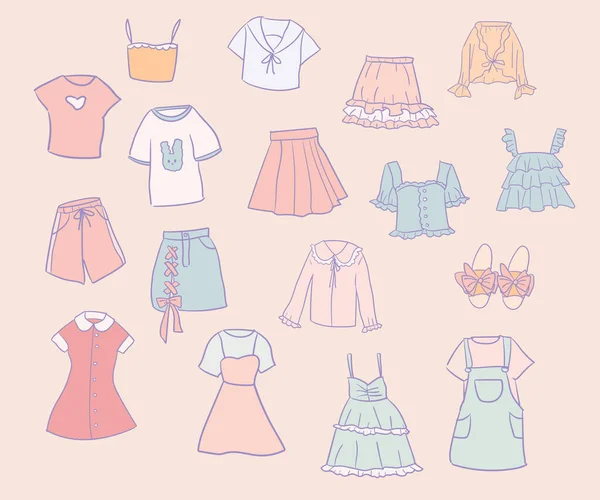 Set of hand-drawn young girl clothes in peach pink and baby blue colors — Stock Vector