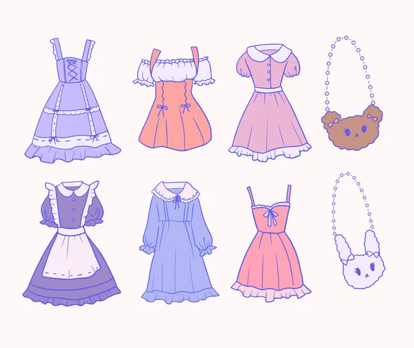 Conjunto de colorido traje de vestido de niña dibujado a mano con oso de peluche y bolso de conejo — Vector de stock