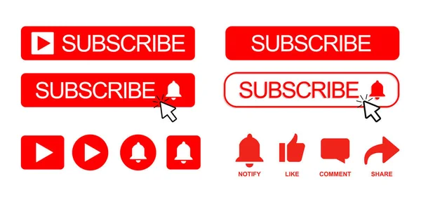 Set of red subscribe buttons with bell and cursor — ストックベクタ